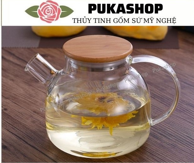 Ấm Thủy Tinh Nắp Gỗ Có Chặn Đầu Vòi Puka A7